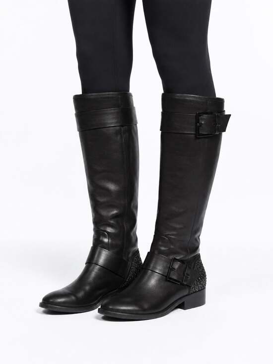 Brian Atwood Shoes - Brian Atwood black leather riding boots size 7.5 crystal heel buckle